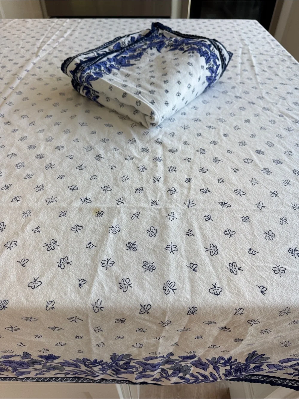 Williams Sonoma blue white French Provence floral block print tablecloth napkins